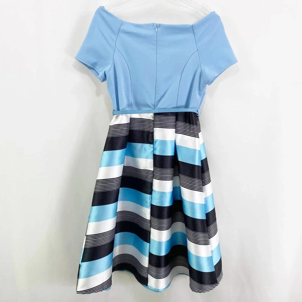 FASHION LINE Vintage 90s Blue Striped Off Shoulder V-Neck Midi Dress - Picture 6 of 8